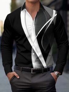 Men's Stylish Black and White Print Button-Up Shirt - Breathable Polyester, Long Sleeve with Lapel Collar, Casual Wear for Spring/Fall, Breathable Clothing | Modern Print Shirt | Polyester Fabric