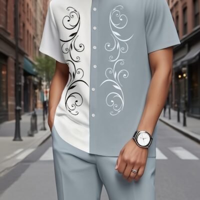 Men’S Casual Short Sleeve Shirt and Pants Set – Geometric Pattern, Button-Up Collared Shirt with Pockets, Light Gray Polyester Blend, Perfect for Vacation and Leisure, Vacation Attire | Stylish Buttonup | Polyester Blend