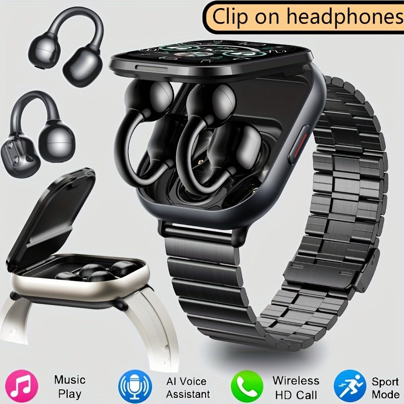 AI Voice Assistant High-Definition Touch Screen - Clip-On 2-in-1 Wireless Earphones Smartwatch, Multifunctional Smart Watch, Sedentary Reminder/Music Control