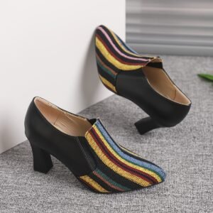 Women's Retro Chunky High Heel Mary Jane Shoes - Pointed Toe with Multicolor Striped (Rainbow/Black) Faux Cover Upper, Comfortable Block Heel & TPU Sole, All-Season Versatile Dress Shoes for Casual & Formal Events