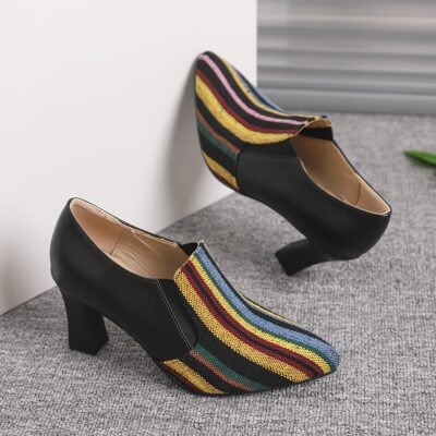 Women’s Retro Chunky High Heel Mary Jane Shoes – Pointed Toe with Multicolor Striped (Rainbow/Black) Faux Cover Upper, Comfortable Block Heel & TPU Sole, All-Season Versatile Dress Shoes for Casual & Formal Events