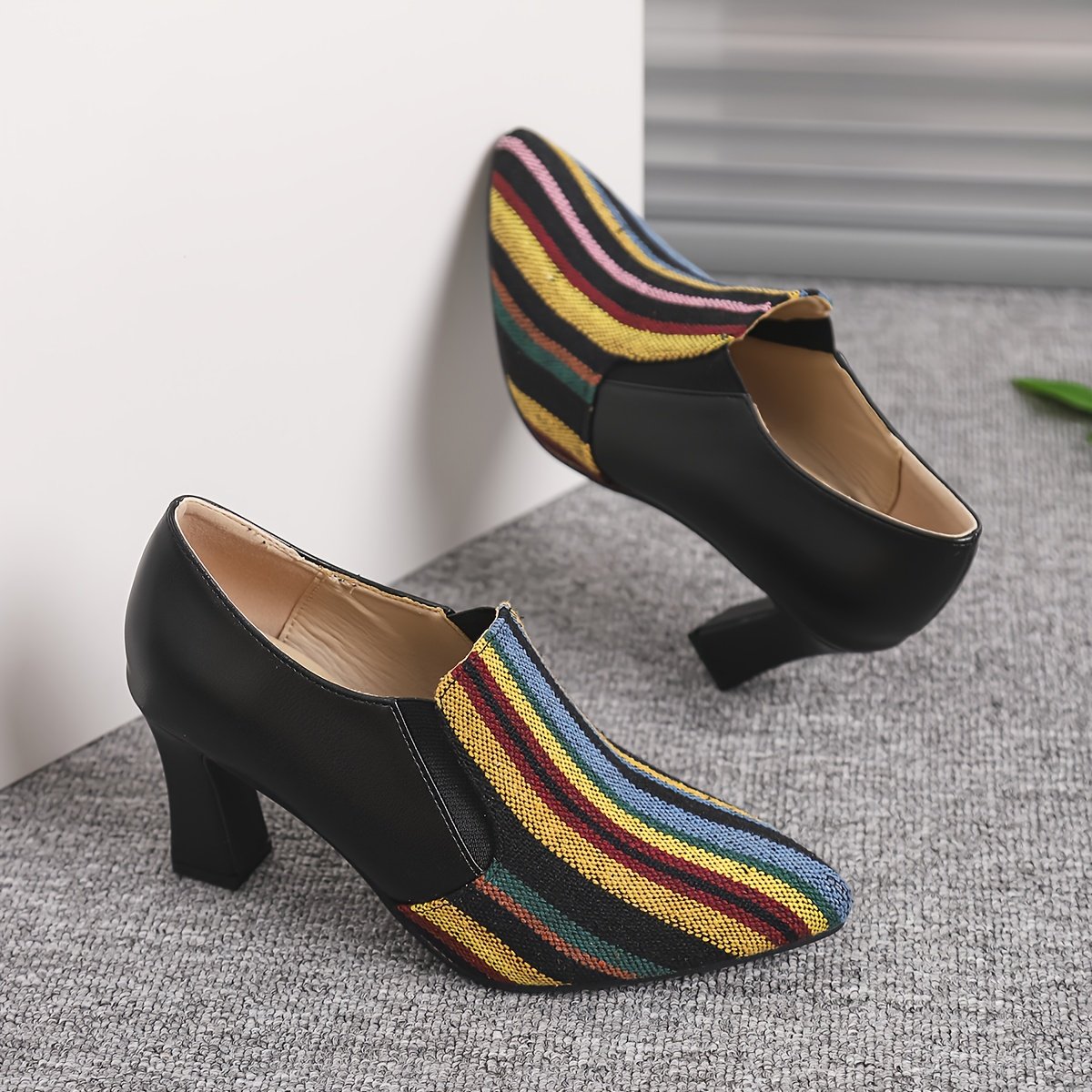 Women's Retro Chunky High Heel Mary Jane Shoes - Pointed Toe with Multicolor Striped (Rainbow/Black) Faux Cover Upper, Comfortable Block Heel & TPU Sole, All-Season Versatile Dress Shoes for Casual & Formal Events