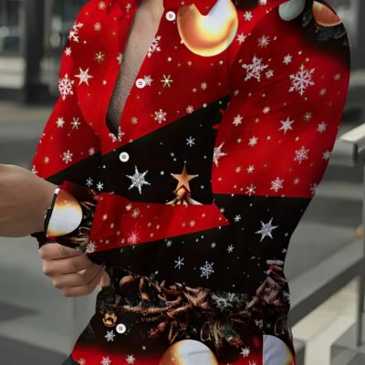 Men’s Christmas Themed Shirt – Full-Body Print with Festive Red & Black Snowflakes, Holly Berries, Pine Cones & Baubles – Long Sleeve Holiday Party Outfit, Machine Washable Casual Shirt for Xmas Celebrations & Winter Events