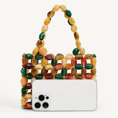 Women’S Vintage Beaded Handbag – Elegant Open Top Purse with Beads in Green, Brown, Golden, Black, White, – Lightweight Acrylic Clutch for Wedding, Party, Everyday – No Closure Needed, Easy-Clean Maintenance, Party Accessory, Retro Aesthetic, Durable Construction, Fashion Accessory, Bridal Accessory, Beaded Bag, Beaded Purse