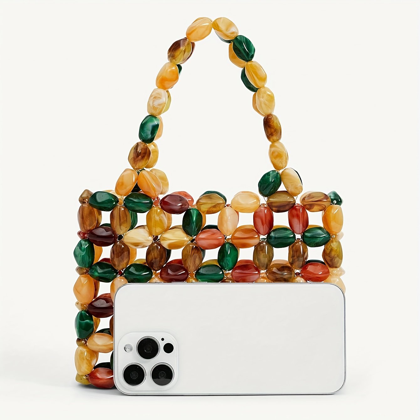 Women'S Vintage Beaded Handbag - Elegant Open Top Purse with Beads in Green, Brown, Golden, Black, White, - Lightweight Acrylic Clutch for Wedding, Party, Everyday - No Closure Needed, Easy-Clean Maintenance, Party Accessory, Retro Aesthetic, Durable Construction, Fashion Accessory, Bridal Accessory, Beaded Bag, Beaded Purse
