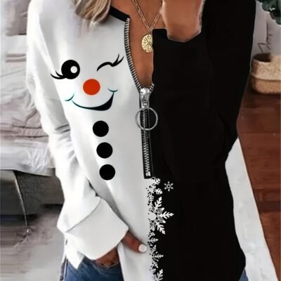 Plus Size, Women’s Plus Size Christmas Snowman Zipper Sweatshirt – Two-Tone Black & Cozy Pullover Sweater for Holiday Parties, Winter Outfits – Machine Washable Cold Weather Apparel, Winter Accessories