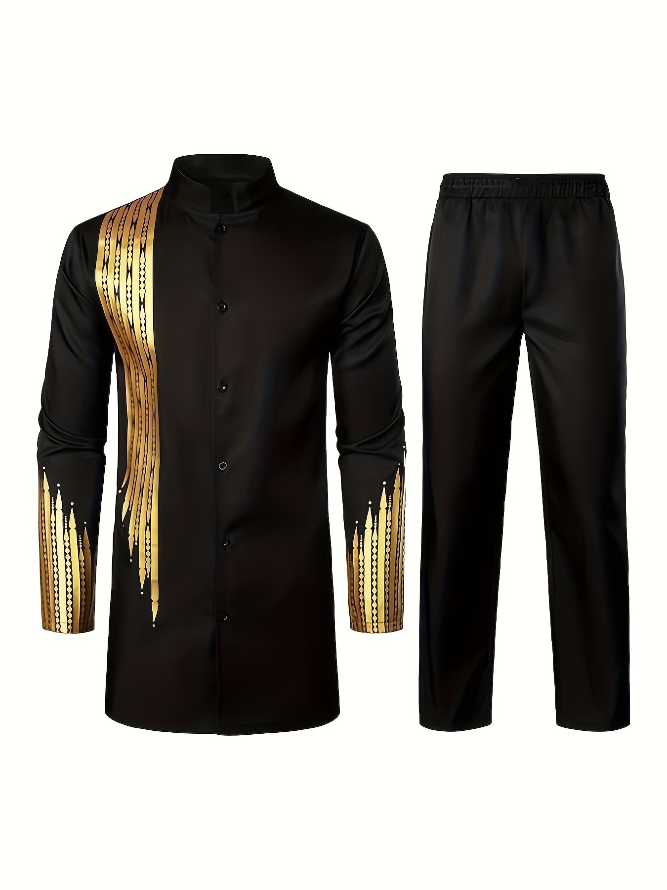 Men'S Casual Long-Sleeve Two-Piece Suit - Mid-Length Top & Trousers, Button Detail, Loose Fit, All-Season Wear, Traditional Cultural Attire, Formal & Everyday Outfits - Image 4