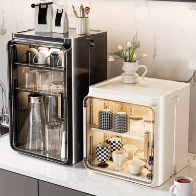 1pc Foldable Storage Cabinet – Multifunctional Coffee Cup Holder and Utensil Organizer with Clear Viewing Window, Easy Assembly & Cleaning, Ideal for Kitchen Organization and Coffee Accessories Storage, Suitable for Home and Cafe Use, Black, Kitchen Storage Cabinet, Sleek Design, Durable Plastic, Stemware Racks, Mug Holder