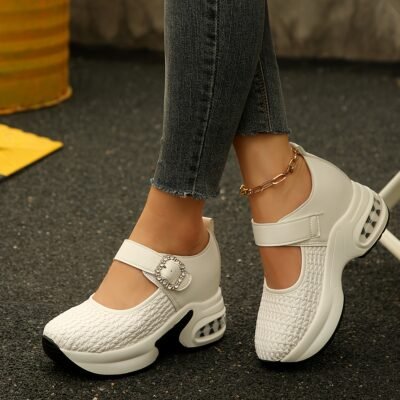 Women’s Rhinestone-Adorned Platform Wedge Sneakers – White Faux Cover Slip-Resistant Thick Sole, Comfortable Height-Increasing Shoes with Sparkling Buckle Closure for Petite Women, Casual & Semi-Formal Outfits (Summer), Summer Footwear, Trendy Footwear, Quality Finish, Fashion Lovers