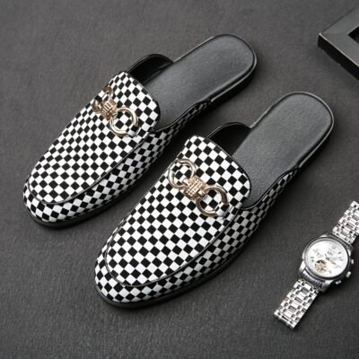 Men's British-Inspired Checkered Slip-On Loafers - Black & White Casual Shoes with Golden Accents, Breathable Rubber Sole for Spring/Summer, Easy Slip-On Design for Daily Wear & Leisure Activities, Classic Loafer Style, Comfortable Interior Lining