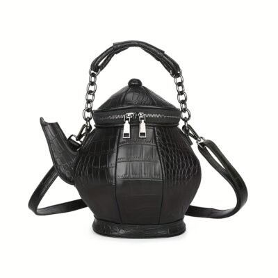 Black Silicone Teapot-Shaped Crossbody Bag – Trendy Punk Style, High Quality, Crocodile Texture Design, Detachable Strap, Unique 3D Kettle Bag for Men and Women, Fashion Accessory | Anime Inspired Handbag | Polyester Lined Interior