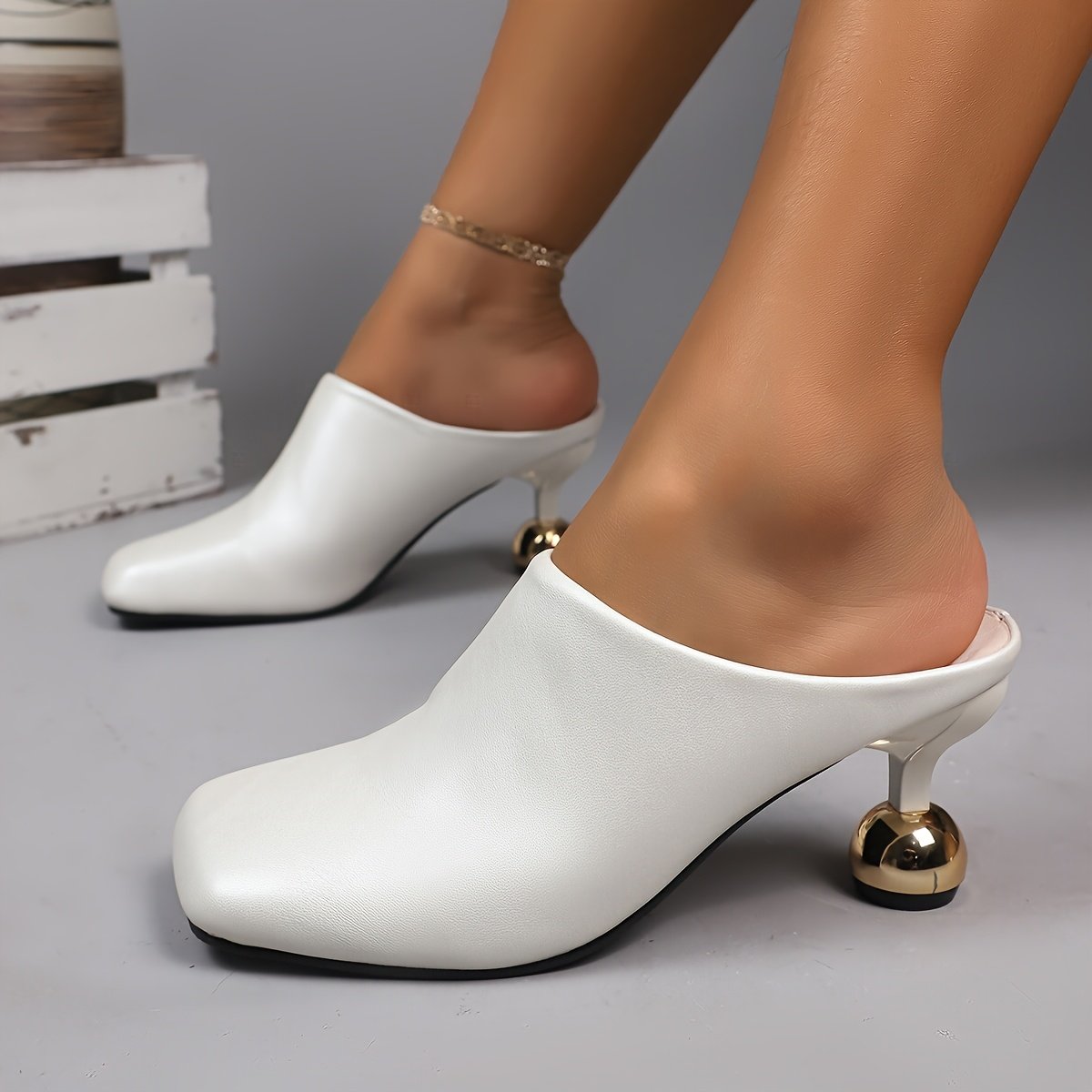 Ladies Fashion High Heel Cap Toe Slip-on Sandals, Summer New Vintage, Synthetic Upper, Rubber Sole, Synthetic Insole, with Strappy Back for Wome