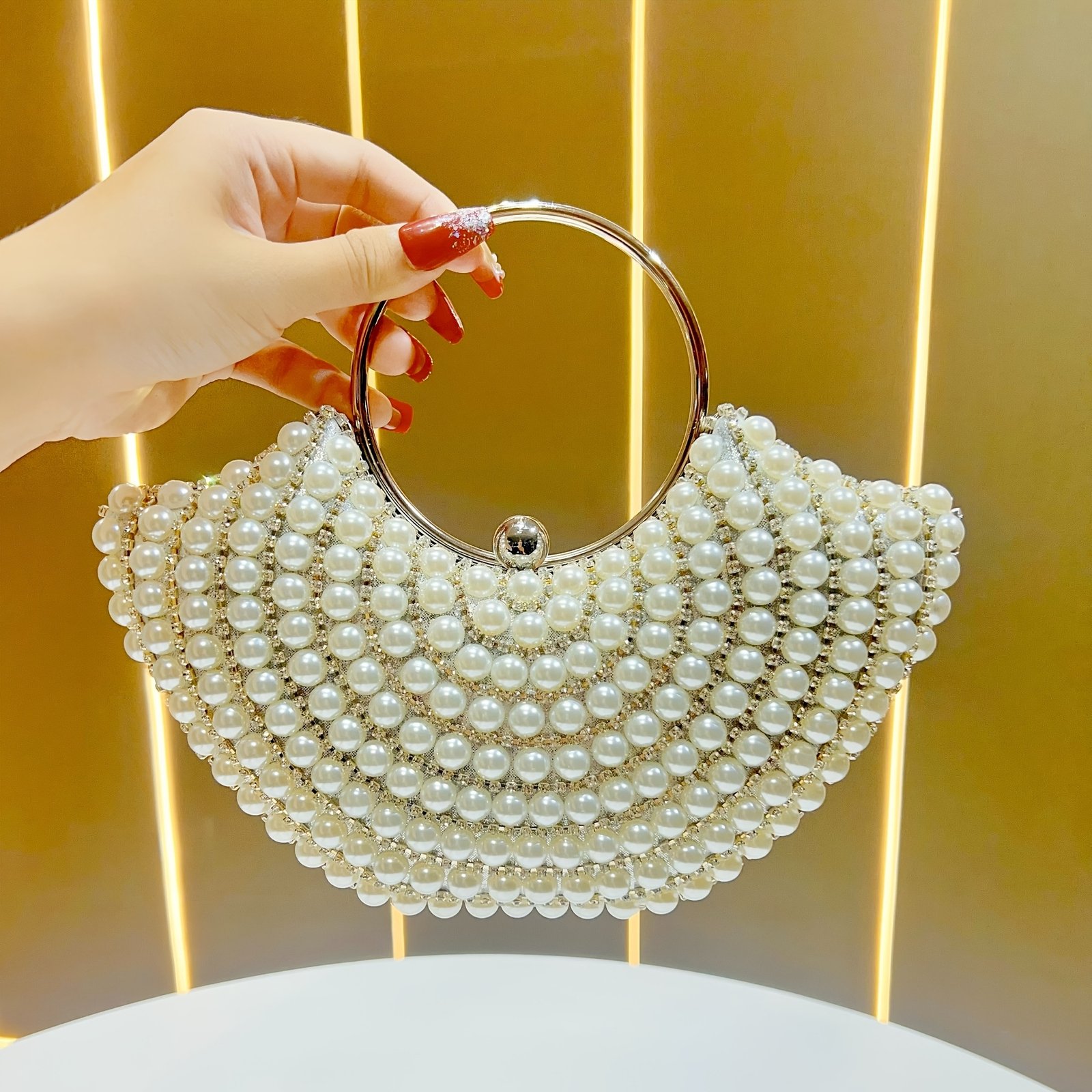 Elegant Women'S Pearl-Embellished Crossbody Bag with Detachable Shoulder Strap - Golden-Tone Metallic Strap, Beaded Detail, Versatile for Weddings, Daily Outings & Formal Events - Perfect Gift for Her, Wedding Accessory, Sophisticated Style, Pearl Embellishments - Image 4