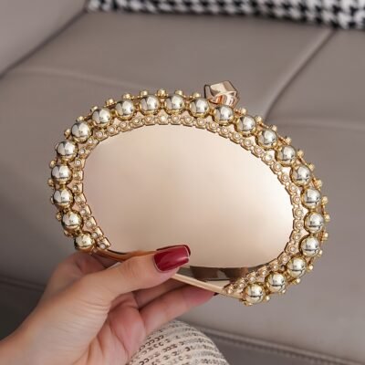 Elegant Golden Glitter Oval Clutch with & Bead Embellishments – Stylish Evening Bag for Parties, Proms, and Formal Events – Acrylic Material, Polyester Lining, Secure Clasp Closure