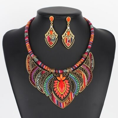 Ethnic Style Necklace and Earrings Colorful Braided Beaded Bohemian Jewelry Set with Zinc Alloy, Random Patterns & Colors for Party Wear