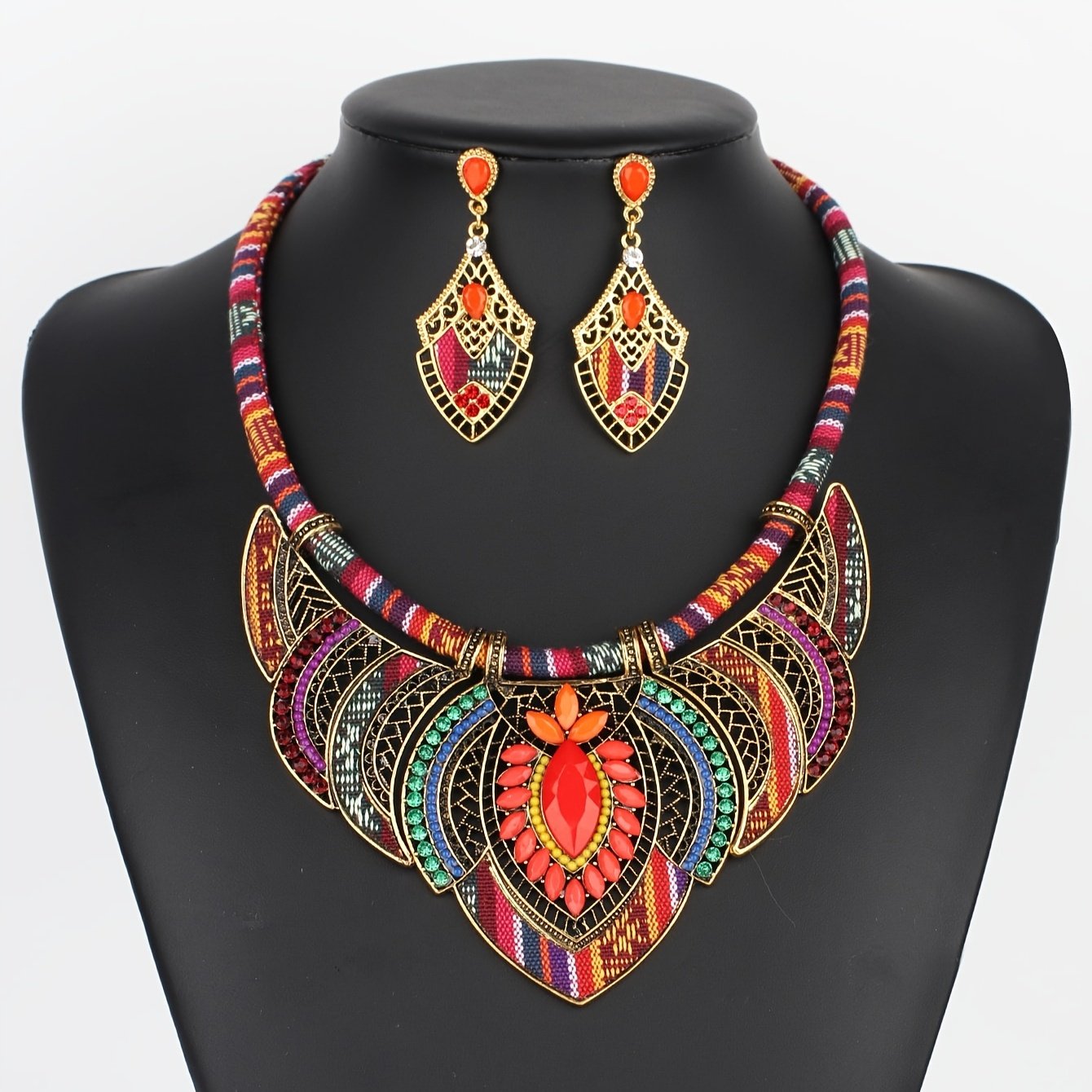 Ethnic Style Necklace and Earrings Colorful Braided Beaded Bohemian Jewelry Set with Zinc Alloy, Random Patterns & Colors for Party Wear