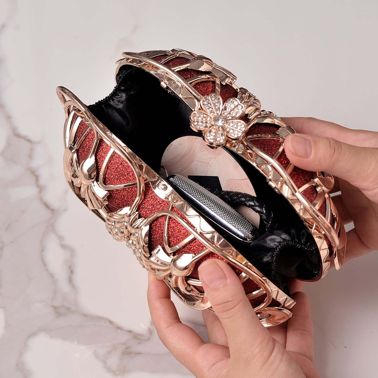 Luxury Red Rhinestone Apple Clutch - Elegant Floral Design Metal Handbag with Golden-Tone Hardware, Sparkling Crystals & Polyester Lining, Perfect for Evening Events, Gifts, and Christmas - Image 2