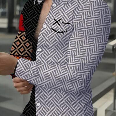 Men’S Casual Ethnic Geometric Print Button-Up Shirt – Contrast Color Block Design, Regular Fit Long Sleeve for Spring/Fall Outdoor & Casual Attire, Spring Attire, Ethnic Style, Durable Fabric, Fall Clothing, Trendy Design, Quality Stitching, Buttondown Top, Stylish Men