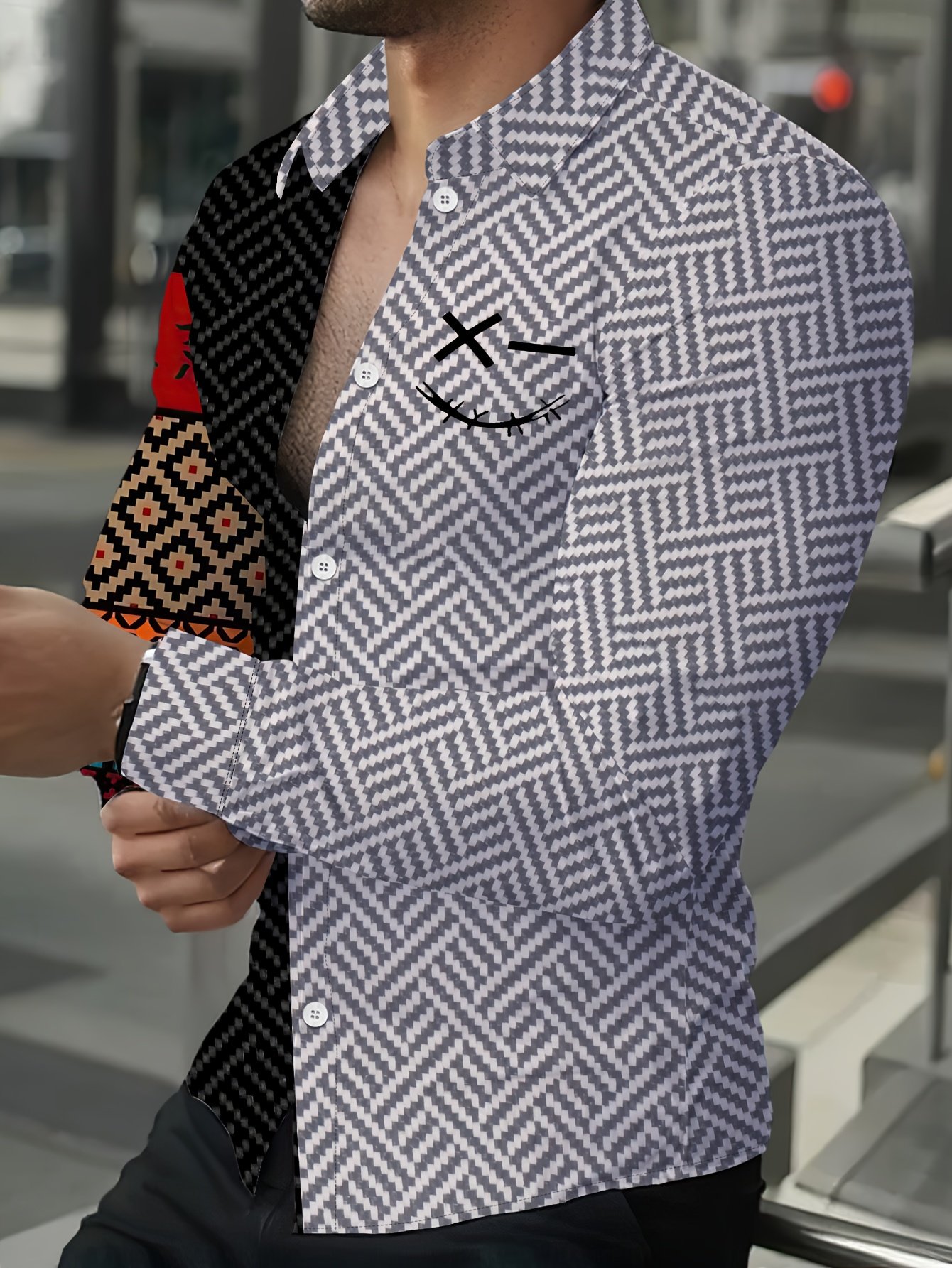 Men'S Casual Ethnic Geometric Print Button-Up Shirt - Contrast Color Block Design, Regular Fit Long Sleeve for Spring/Fall Outdoor & Casual Attire, Spring Attire, Ethnic Style, Durable Fabric, Fall Clothing, Trendy Design, Quality Stitching, Buttondown Top, Stylish Men