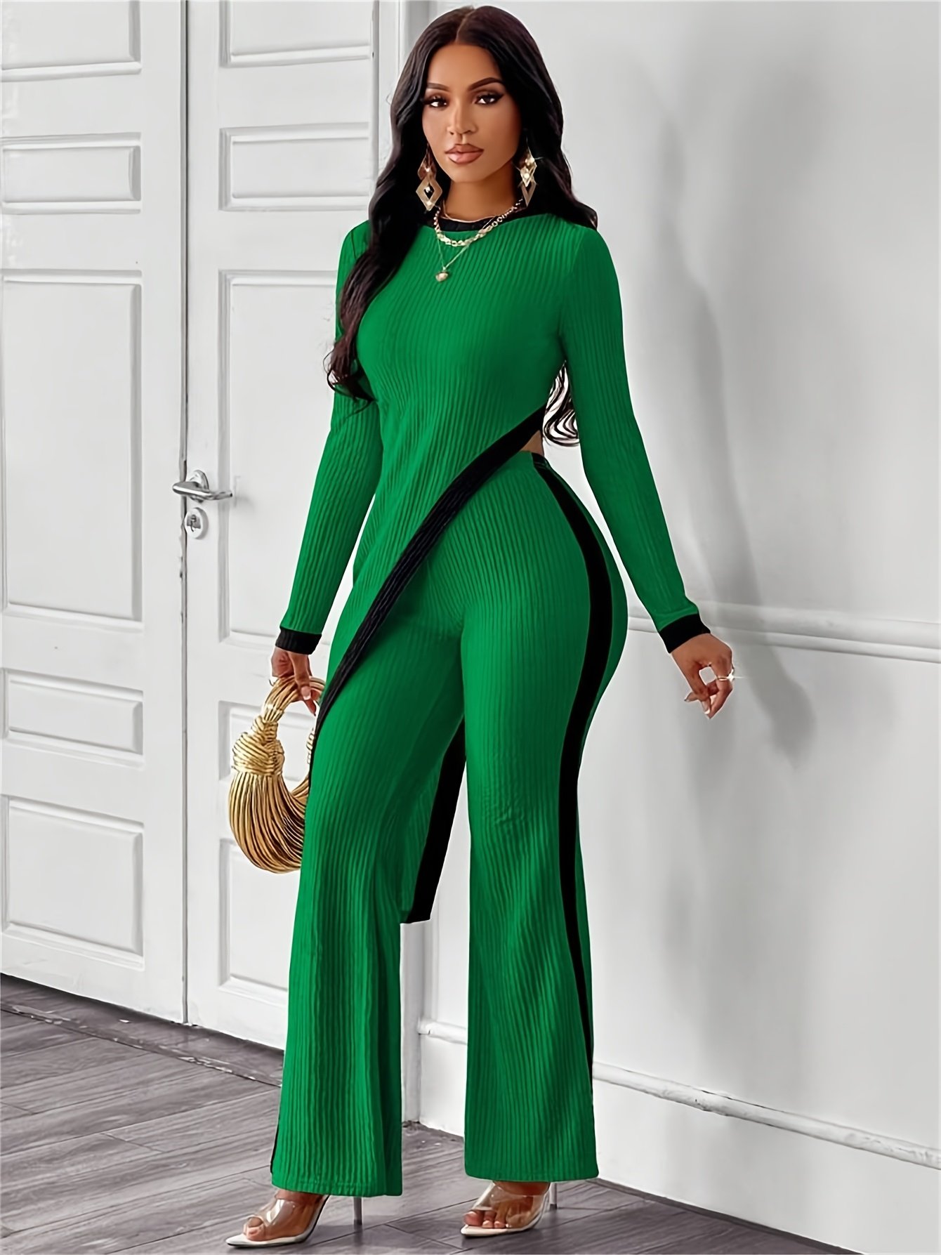 Women'S Elegant Green and Black Striped Long Sleeve Pants Set - Chic Asymmetrical Hem, Crew Neck, Fall/Winter Fashion, Stylish Office Attire|Asymmetrical Hemline| Construction - Image 3
