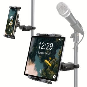 New Tablet Holder Phone Holder for Microphone Stand, Railing and Handlebar, Mic Music Stand Tablet Holder for Pad, Universal Smartphone Tablet Mic Stand Mount, Fits Devices from Screen Size 4.7 to 13 Inches