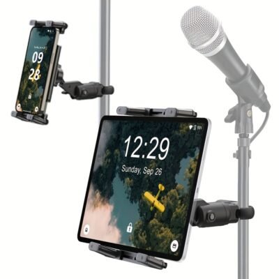 New Tablet Holder Phone Holder for Microphone Stand, Railing and Handlebar, Mic Music Stand Tablet Holder for Pad, Universal Smartphone Tablet Mic Stand Mount, Fits Devices from Screen Size 4.7 to 13 Inches
