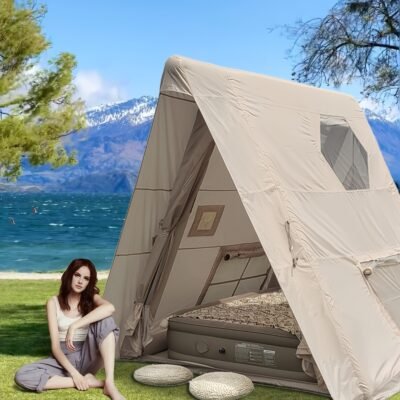 PAKICETUS 6-Person Inflatable Family Camping Tent with Wind-Resistant Triangular Structure & All-Weather Stability – Easy Setup, Spacious Floor Area, Clear Window Panels & Ventilation System, Portable Storage Bag Included, Durable & Sturdy Frame for Year-Round Use, Ideal for Family Camping, Hiking, Backpacking – Beige/Gray Color Options Available (Ideal for 6-Person Groups)