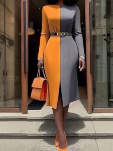 Women'S Elegant Color-Block Panel Crewneck Long-Sleeved Slit Dress with Belt - Fitted, All-Season, Patchwork Design, Perfect for Adult, Stylish Belted Dress | Colorblock Dress | Belted Dress