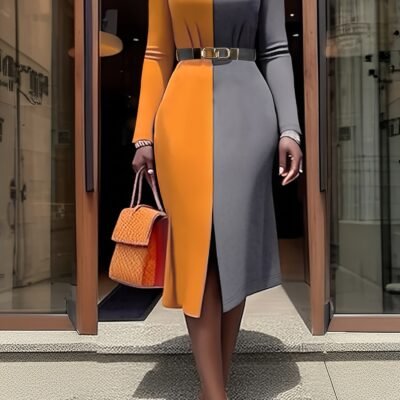 Women’S Elegant Color-Block Panel Crewneck Long-Sleeved Slit Dress with Belt – Fitted, All-Season, Patchwork Design, Perfect for Adult, Stylish Belted Dress | Colorblock Dress | Belted Dress
