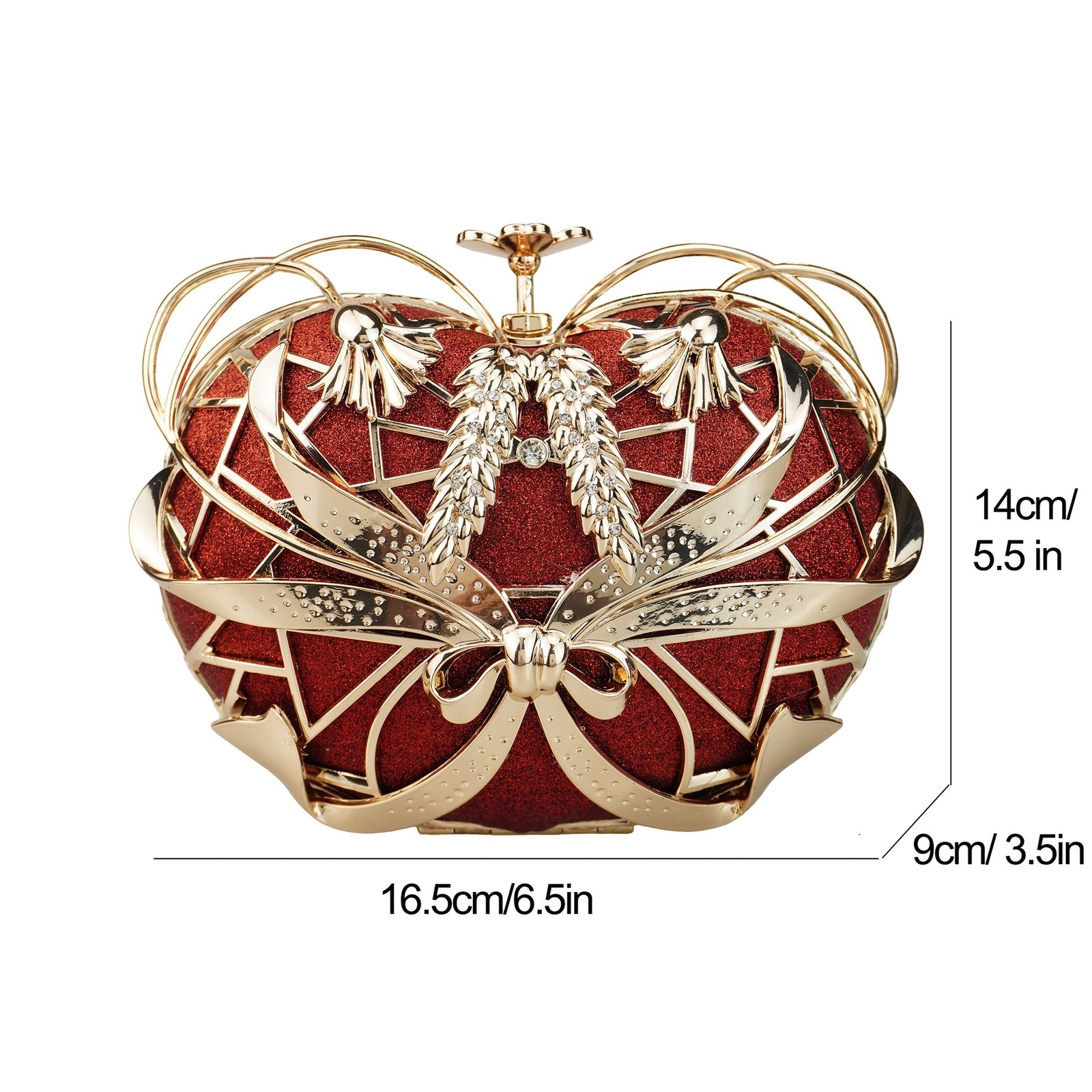 Luxury Red Rhinestone Apple Clutch - Elegant Floral Design Metal Handbag with Golden-Tone Hardware, Sparkling Crystals & Polyester Lining, Perfect for Evening Events, Gifts, and Christmas - Image 3
