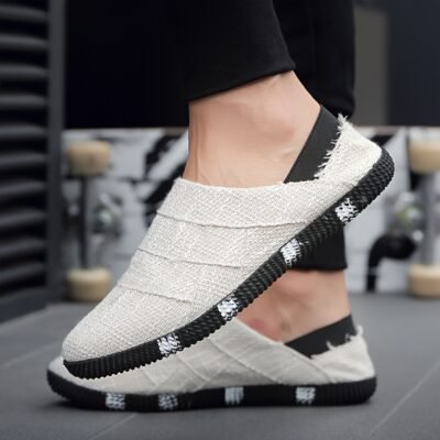 Men’S Vintage Canvas Slip-On Shoes – Casual White Espadrille with Black Sole, Round Toe, Low-Top Design for Spring & Summer, Hiking & Outdoor, Daily Wear, Casual Attire | Lowtop Shoes | Fabric Upper