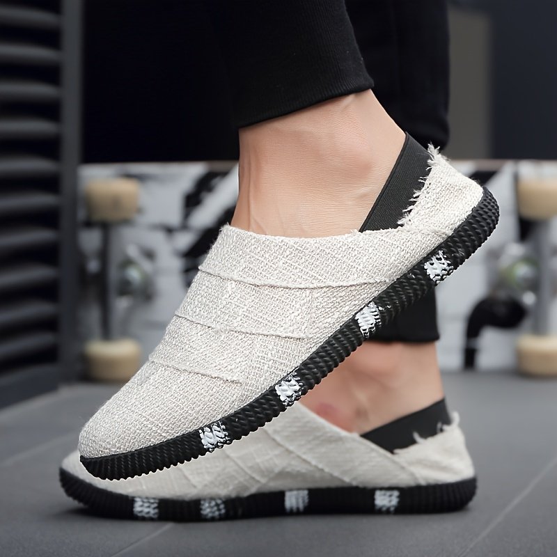 Men'S Vintage Canvas Slip-On Shoes - Casual White Espadrille with Black Sole, Round Toe, Low-Top Design for Spring & Summer, Hiking & Outdoor, Daily Wear, Casual Attire | Lowtop Shoes | Fabric Upper