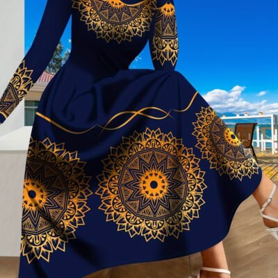 Women’s Indian Mandala Print Maxi Dress – A-Line Long Sleeve Indian Saree-Style Dress with Golden & Navy Blue Boho Pattern, Breathable Polyester/Elastane for Wedding Guest, Bridesmaid, Festival & Vacation Wear (Hand Washable)