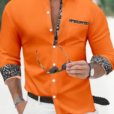 Business Casual Men’s Spring/Autumn Long Sleeve Button-Down Shirt with Pockets and Hem Stitching, Suitable for Outings, Holidays, 100% Polyester Machine Washable Not Dry Clean. WXCY946