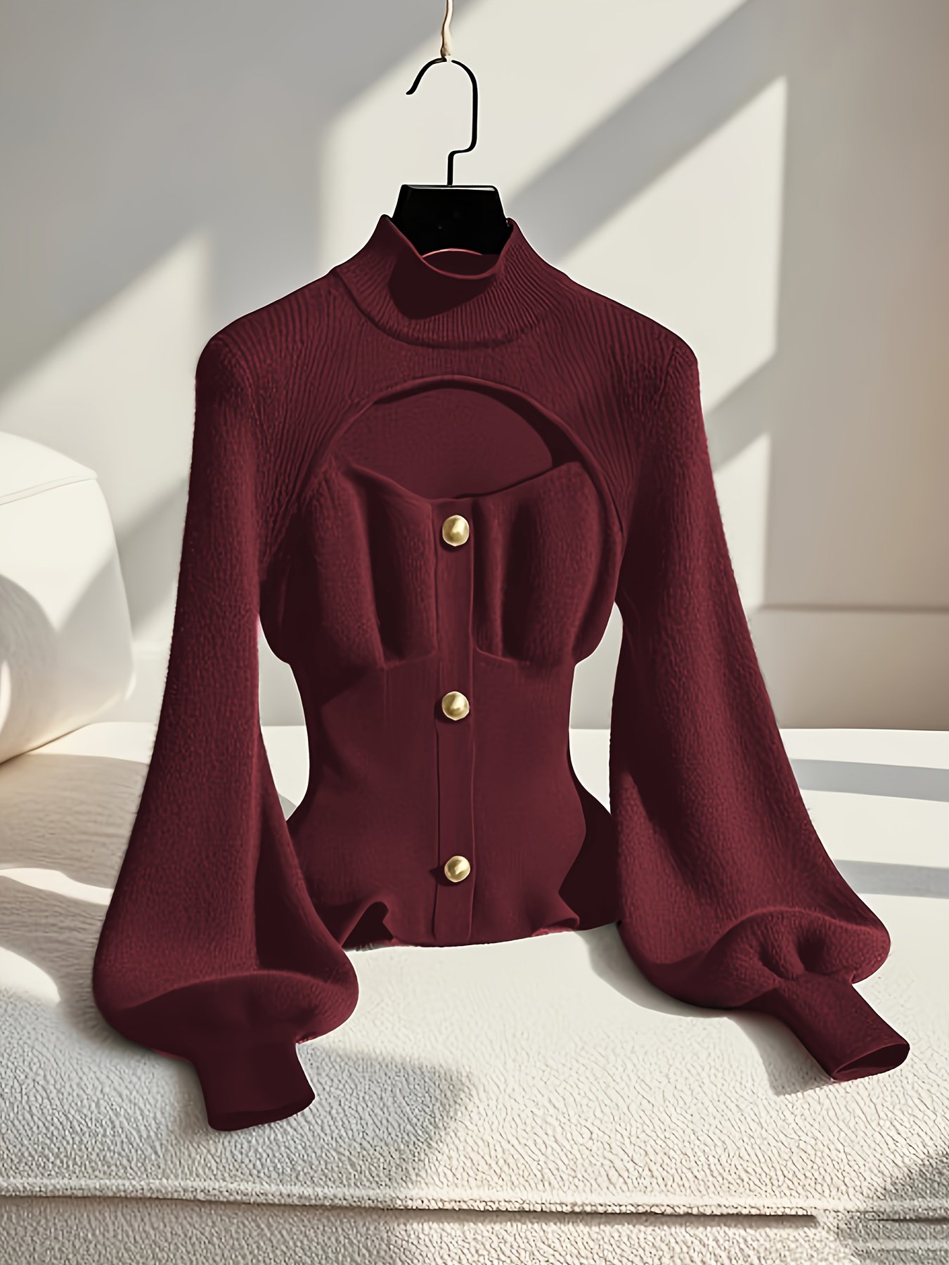 Women's Burgundy Slim-Fit Winter Sweater Jacket - Elegant High Neck Collar with Button Front, Tummy Control, Wrinkle-Resistant Long Sleeve Blazer for Office, Party & Cold Weather (Hand Wash/Dry Clean)