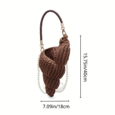 Hand-Woven Crocheted Conch Crossbody Bag with Pearl Chain – Beige Summer Beach Bag for Women, Perfect for Casual Outings & Resort Wear, Beach Bag, Beach Accessory, Elegant Accessory, Durable Construction, Designer Handbag For Women, Crochet Hooks, Crochet Needles, Hook Needles