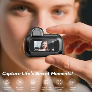 1080P HD Mini Digital Camera with 64GB SD Card - Portable Pocket Camera, 4 Filters & Auto Fill Flash for Low Light, Built-in 100 Photo Storage, 4 Zoom Modes, 300mAh Battery, Includes Metal Carabiner & Lanyard for Travel Daily Use