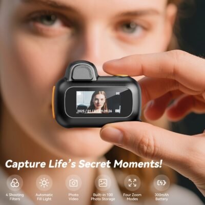 1080P HD Mini Digital Camera with 64GB SD Card – Portable Pocket Camera, 4 Filters & Auto Fill Flash for Low Light, Built-in 100 Photo Storage, 4 Zoom Modes, 300mAh Battery, Includes Metal Carabiner & Lanyard for Travel Daily Use