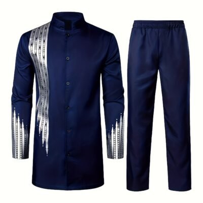 Men’S Casual Long-Sleeve Two-Piece Suit – Mid-Length Top & Trousers, Button Detail, Loose Fit, All-Season Wear, Traditional Cultural Attire, Formal & Everyday Outfits