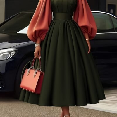 Women’S Elegant Olive Green & Burgundy Color Block Dress – A-Line Silhouette with Puffed Sleeves, Round Neck, Zipper Back Closure, All-season Versatile For Casual & Formal Occasions, Formal Attire, Sophisticated Style, Quality Stitching