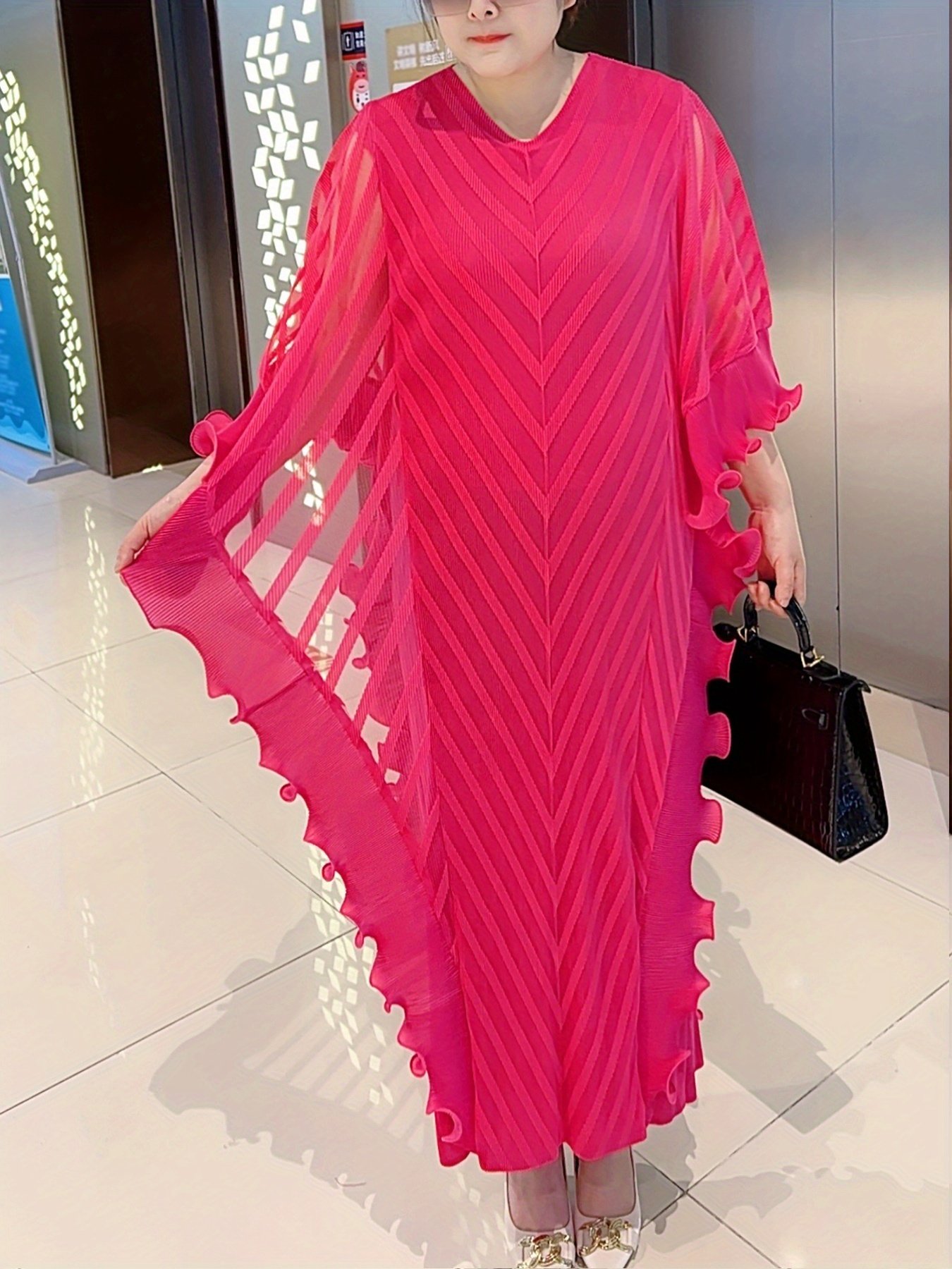 Plus Size Elegant Pleated Maxi Dress - White, Long Sleeve, V-Neck, Asymmetrical Hem, Petal Sleeve Design, Stylish and Comfortable for All Seasons, Allseason Dress|Elegant Pleated Dress|Stretchy Fabric