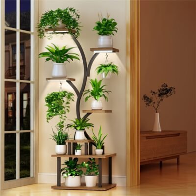 [Multi-Functional Plant Stand] 8 Tier 60” Multi-Functional Metal Plant Stand With Grow Lights | 1pc Indoor Display Stand For Multiple Plants, Irregular Shape Planter For Patio, Living Room, Study, Bedroom – Good Gift For Plant Lovers