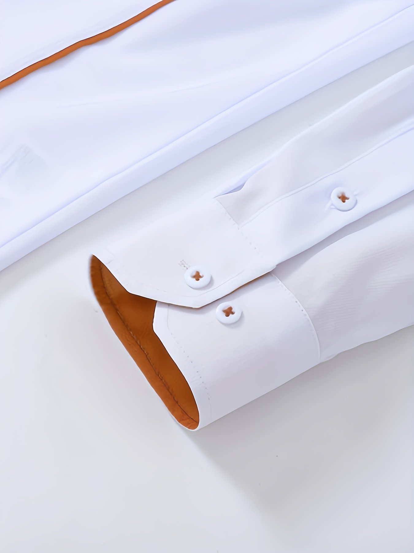 Men's Slim-Fit Casual Long Sleeve Shirt - Solid Color White with Contrast Orange Accents, Classic Collar & Single-Button Closure, All-Season Versatile Shirt for Dating & Casual Outings, Everyday Outfit, Sleek Appearance, Durable Material, Stylish Top, Young Professionals, Professional Attire, Modern Menswear, Breathable Material, Modern Gentlemen - Image 7