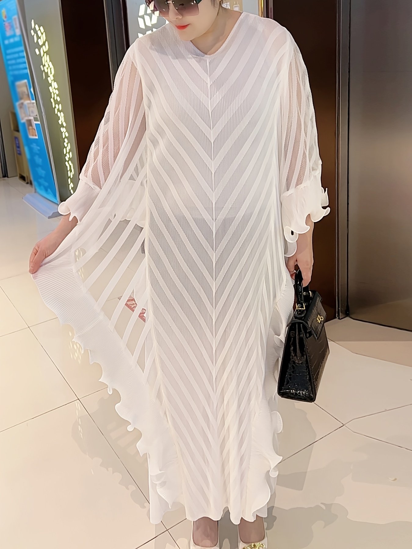 Plus Size Elegant Pleated Maxi Dress - White, Long Sleeve, V-Neck, Asymmetrical Hem, Petal Sleeve Design, Stylish and Comfortable for All Seasons, Allseason Dress|Elegant Pleated Dress|Stretchy Fabric - Image 2