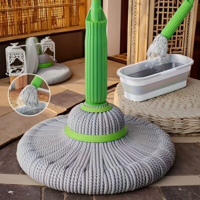 [Super Absorbent Rotary Mop] 1pc Super Absorbent Rotary Mop with Green Handle – Ideal for Home, Kitchen, School, Office, Bathroom & RV Travel – 7pcs Set | Easy-to-Clean Microfiber Mop Head & Bucket