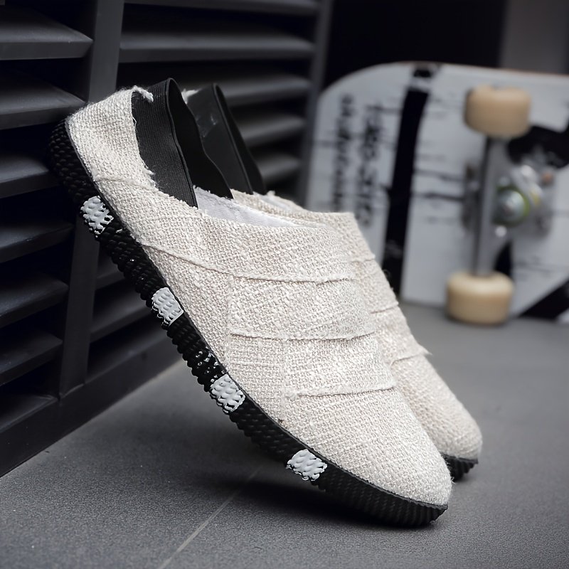Men'S Vintage Canvas Slip-On Shoes - Casual White Espadrille with Black Sole, Round Toe, Low-Top Design for Spring & Summer, Hiking & Outdoor, Daily Wear, Casual Attire | Lowtop Shoes | Fabric Upper - Image 5