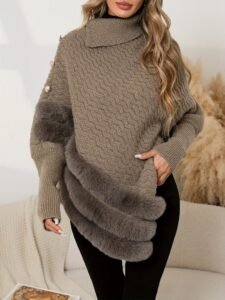 Women's Elegant Sweater - Chic Pullover Sweater with High Neck, Soft Long Batwing Sleeves, Button Front Closure - Fall Winter Outfits, Office to Party Attire - Cozy Gift for Women (100% Polyester)