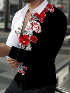 Men's Casual Long Sleeve Shirt with Vibrant Red Rose & White Floral Print on Black - Machine Washable Spring/Fall Shirt, Classic Collar Regular Fit for Casual Outings, Durable Fabric