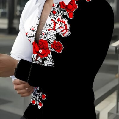 Men’s Casual Long Sleeve Shirt with Vibrant Red Rose & White Floral Print on Black – Machine Washable Spring/Fall Shirt, Classic Collar Regular Fit for Casual Outings, Durable Fabric