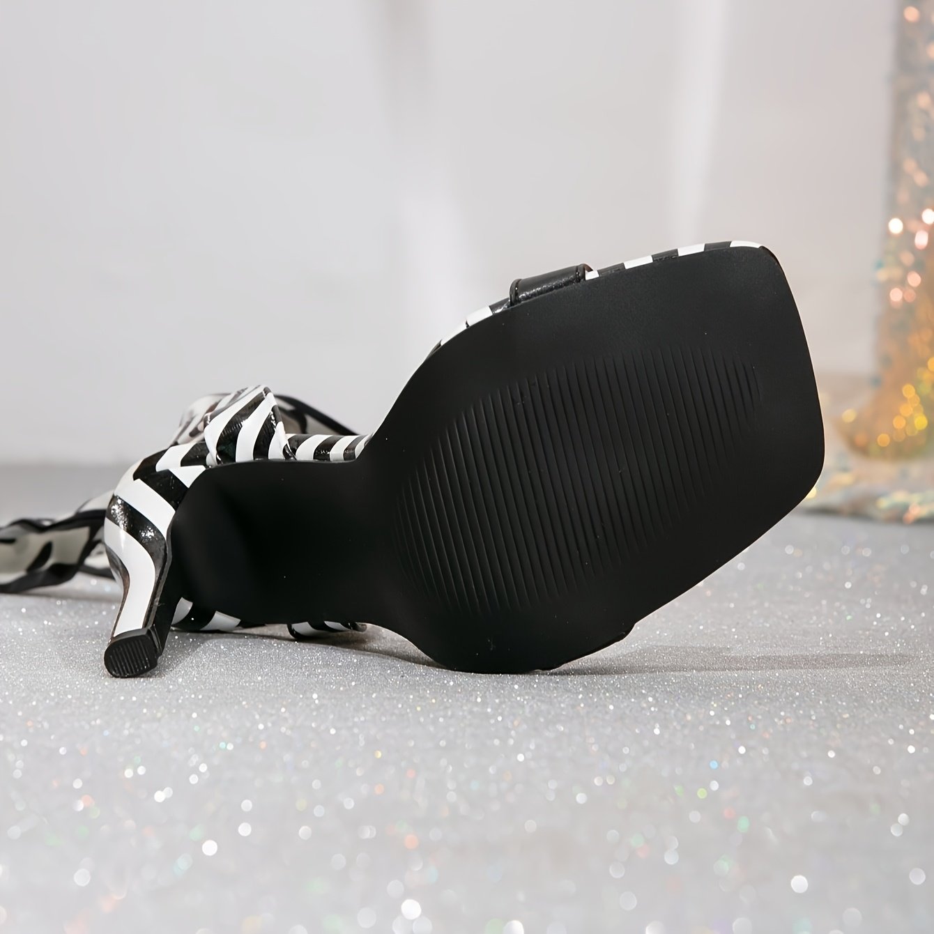 Women'S Chic Black & White Striped Open-Toe High Heels with Bowknot Strap - Elegant Square Toe Stiletto Sandals, Synthetic Cover Ankle Strap, All-Season Fashion Footwear, Stiletto Heels - Image 6